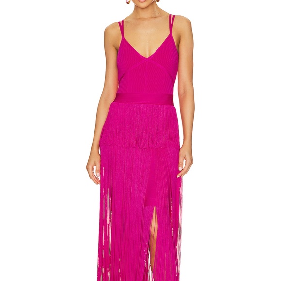 HERVE LEGER Strappy Ottoman Fringe Gown Magenta NWT - Picture 2 of 10